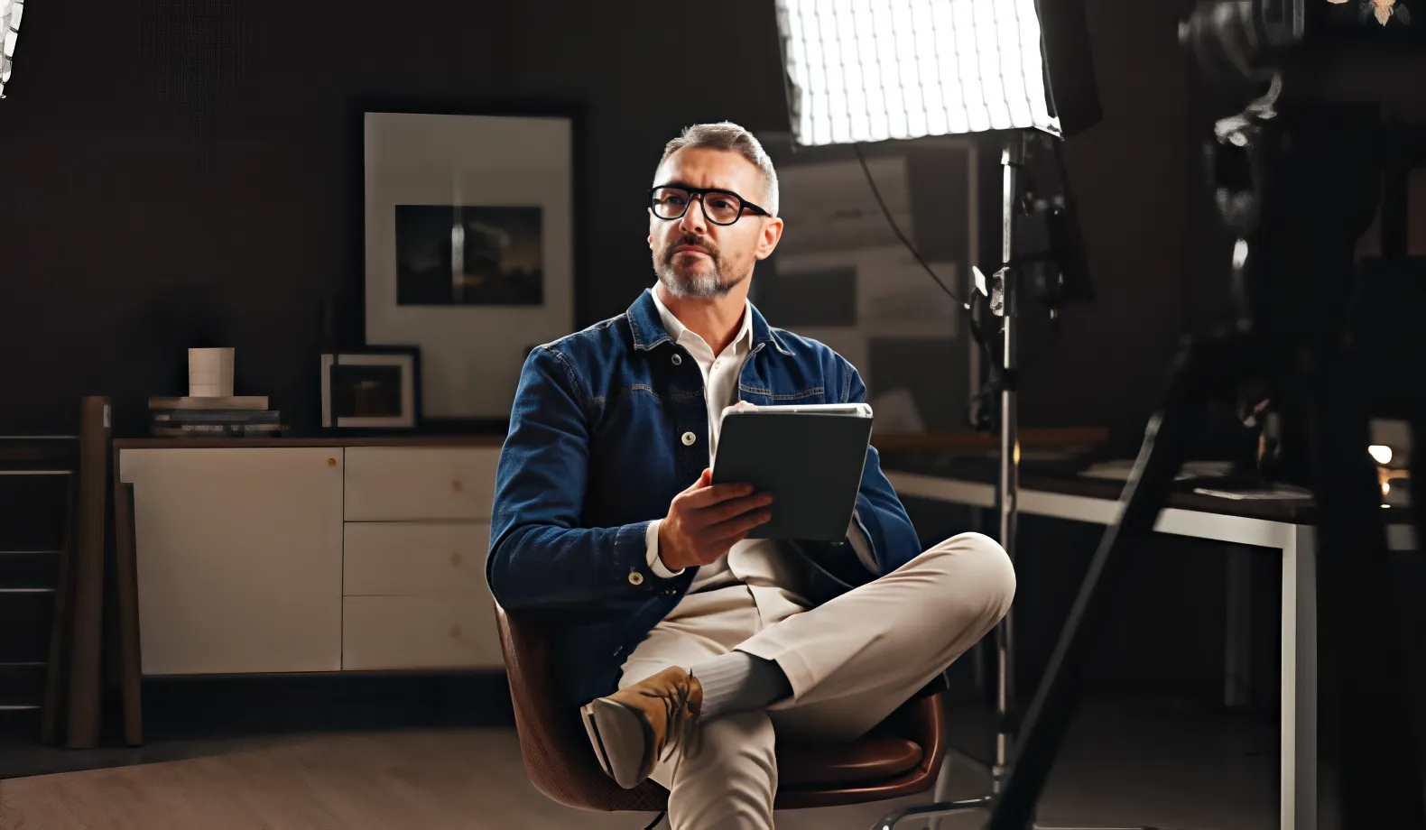 A filmmaker seated beside studio lights, reviewing notes before an interview