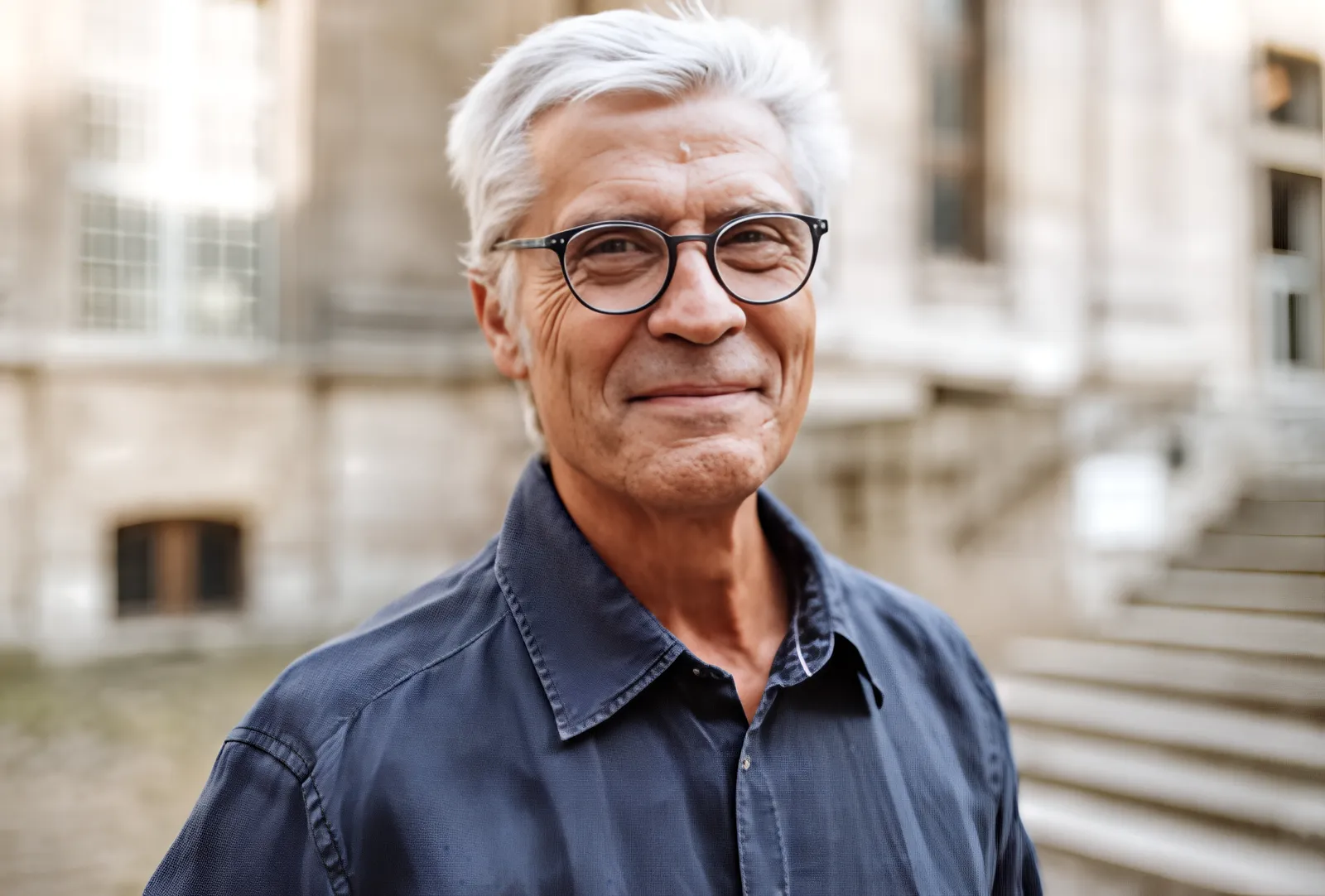 An older man in glasses smiling in a stone courtyard