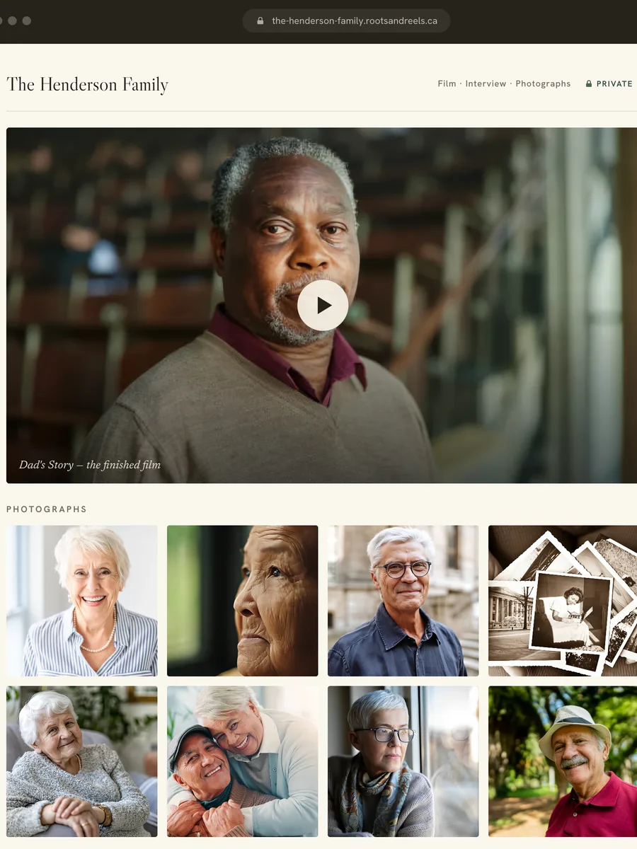 A private family website showing the finished film and a gallery of photographs