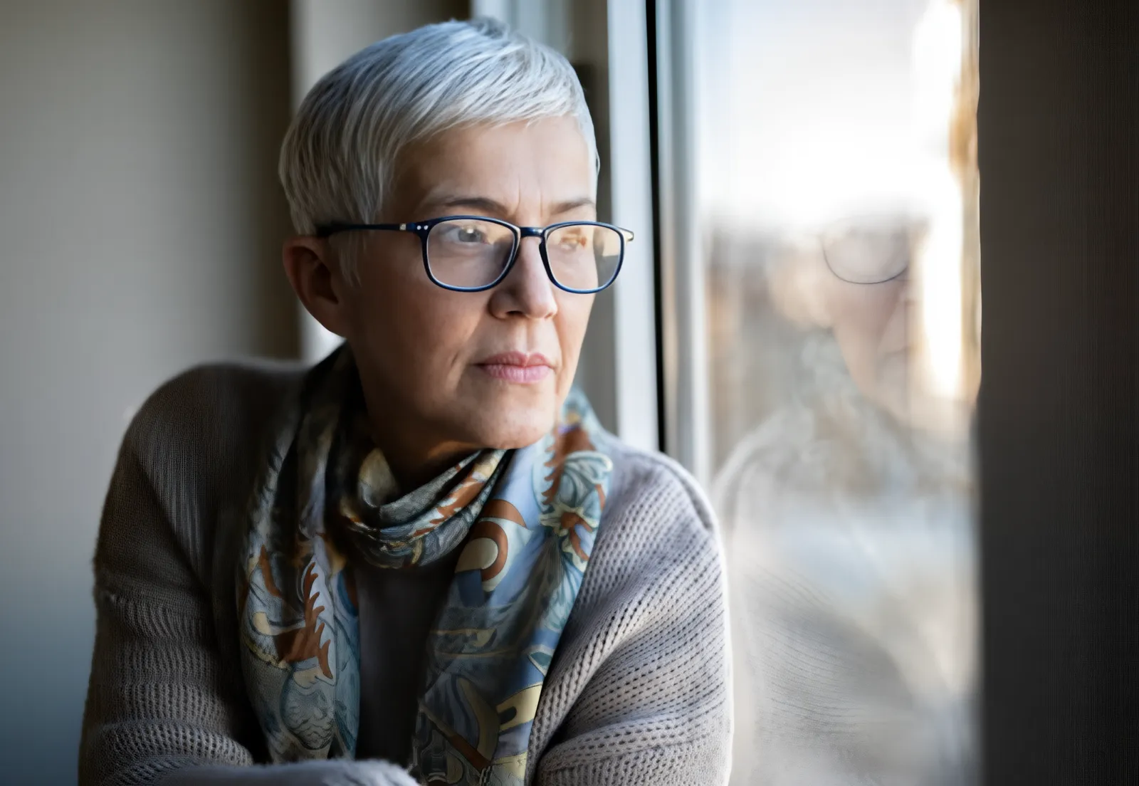 A woman in glasses and a scarf looking out a window